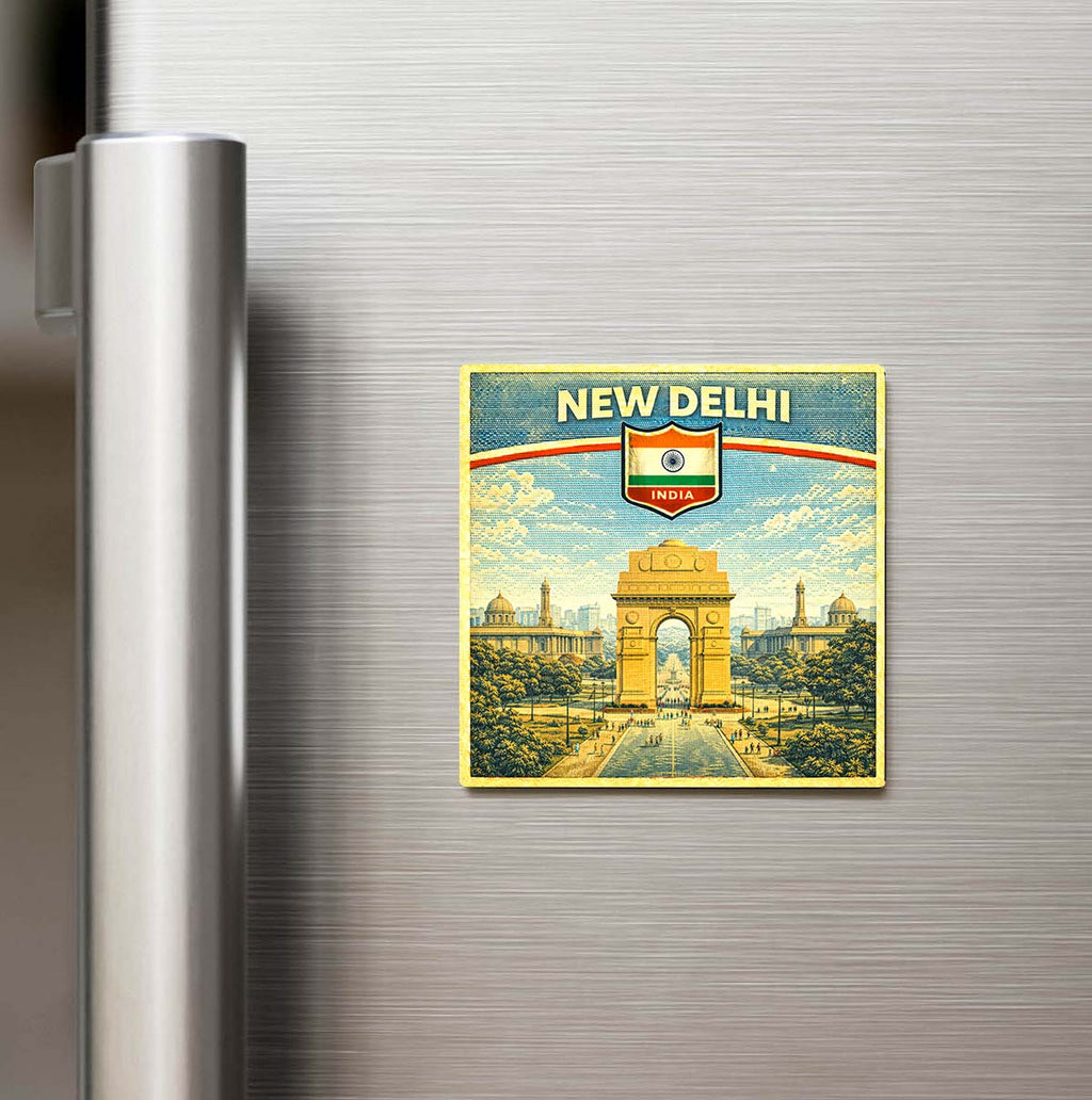 Retro Hindistan Yeni Delhi Şehri Temalı Vintage Buzdolap Magneti