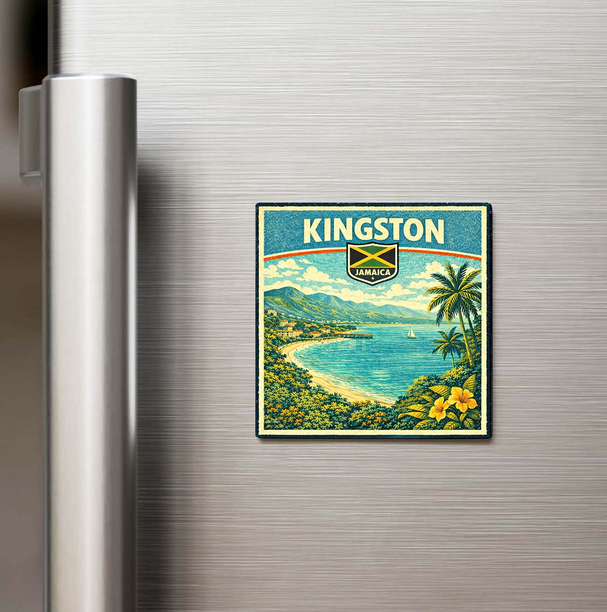 Retro Jamaika Kingston Şehri Temalı Vintage Buzdolap Magneti