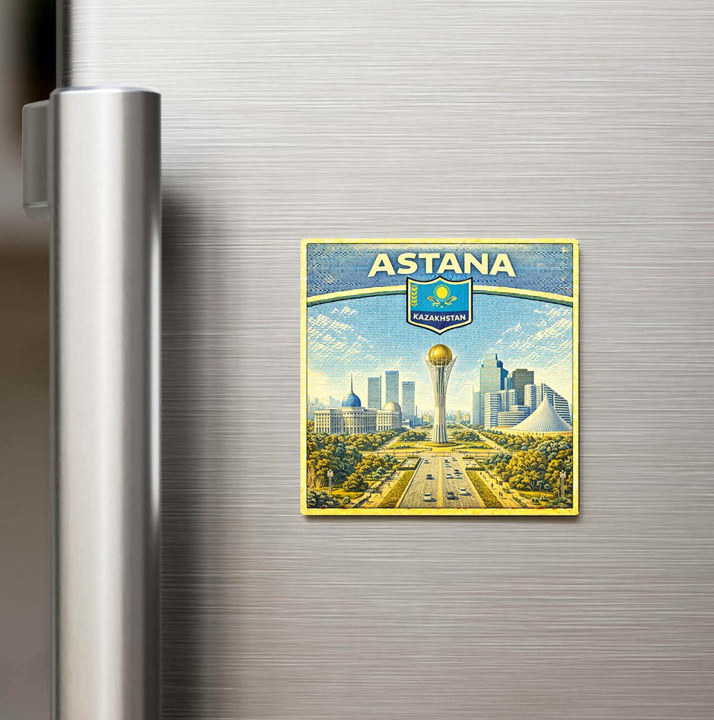 Retro Kazakistan Astana Şehri Temalı Vintage Buzdolap Magneti