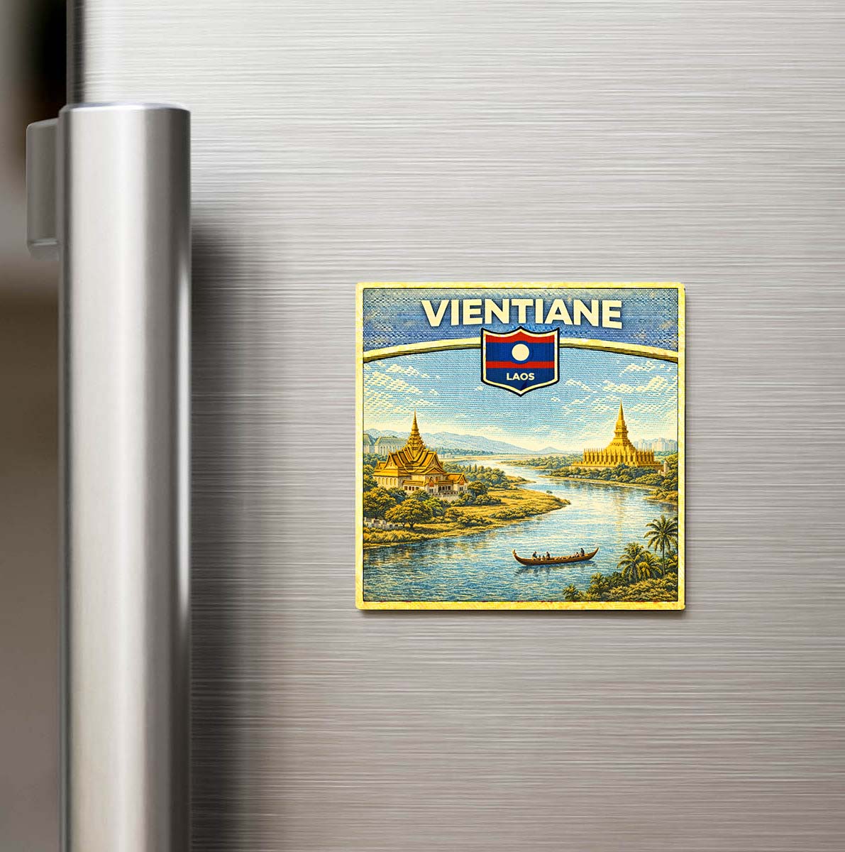 Retro Laos Vientiane Şehri Temalı Vintage Buzdolap Magneti