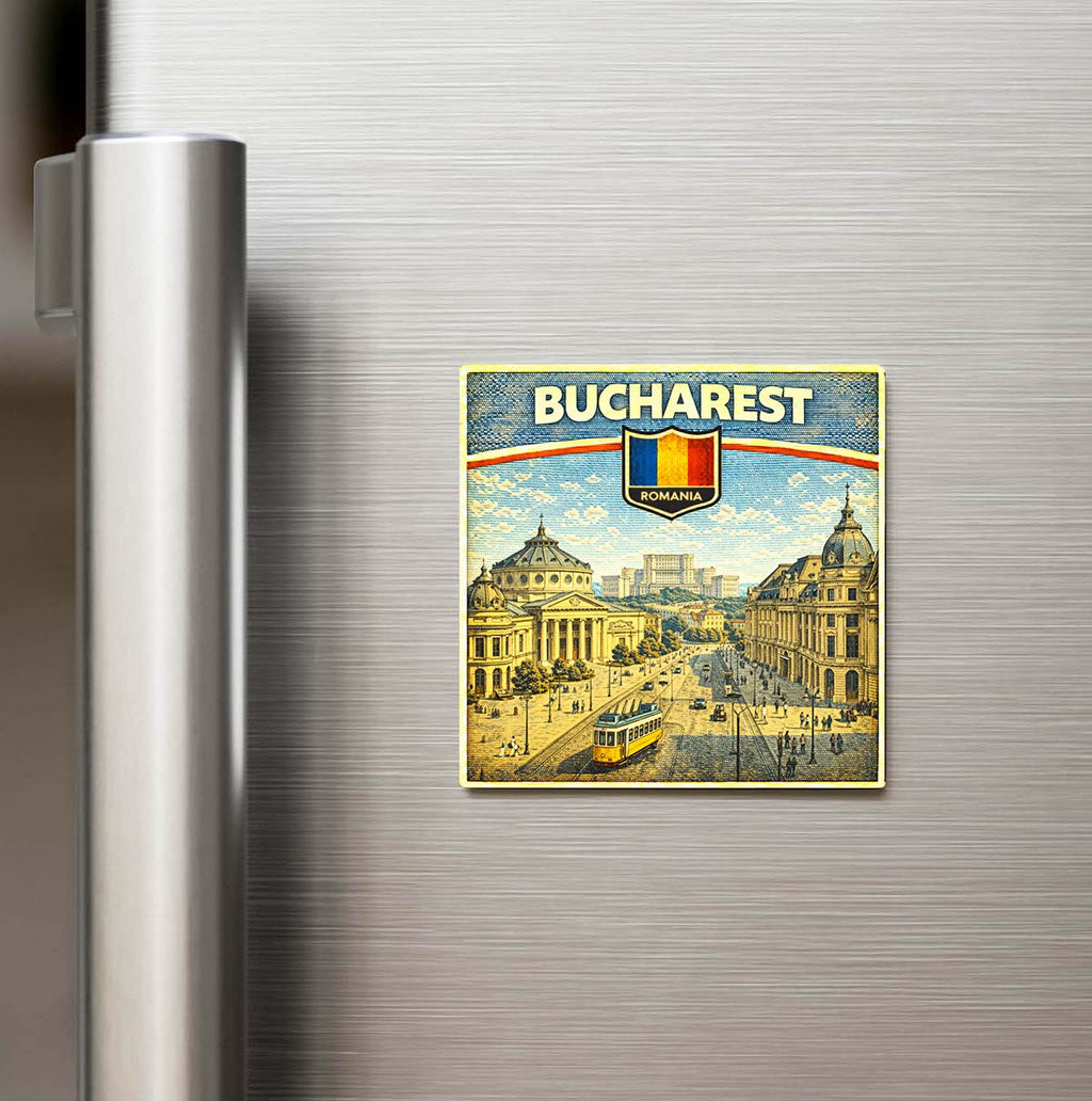 Retro Romanya Bükreş Şehri Temalı Vintage Buzdolap Magneti