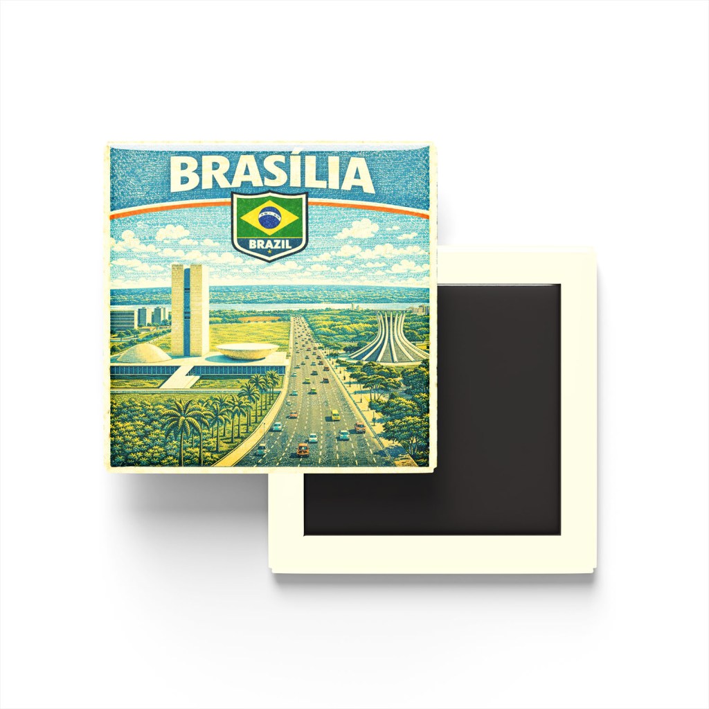 Retro Brezilya Brasilia Şehri Temalı Vintage Buzdolap Magneti