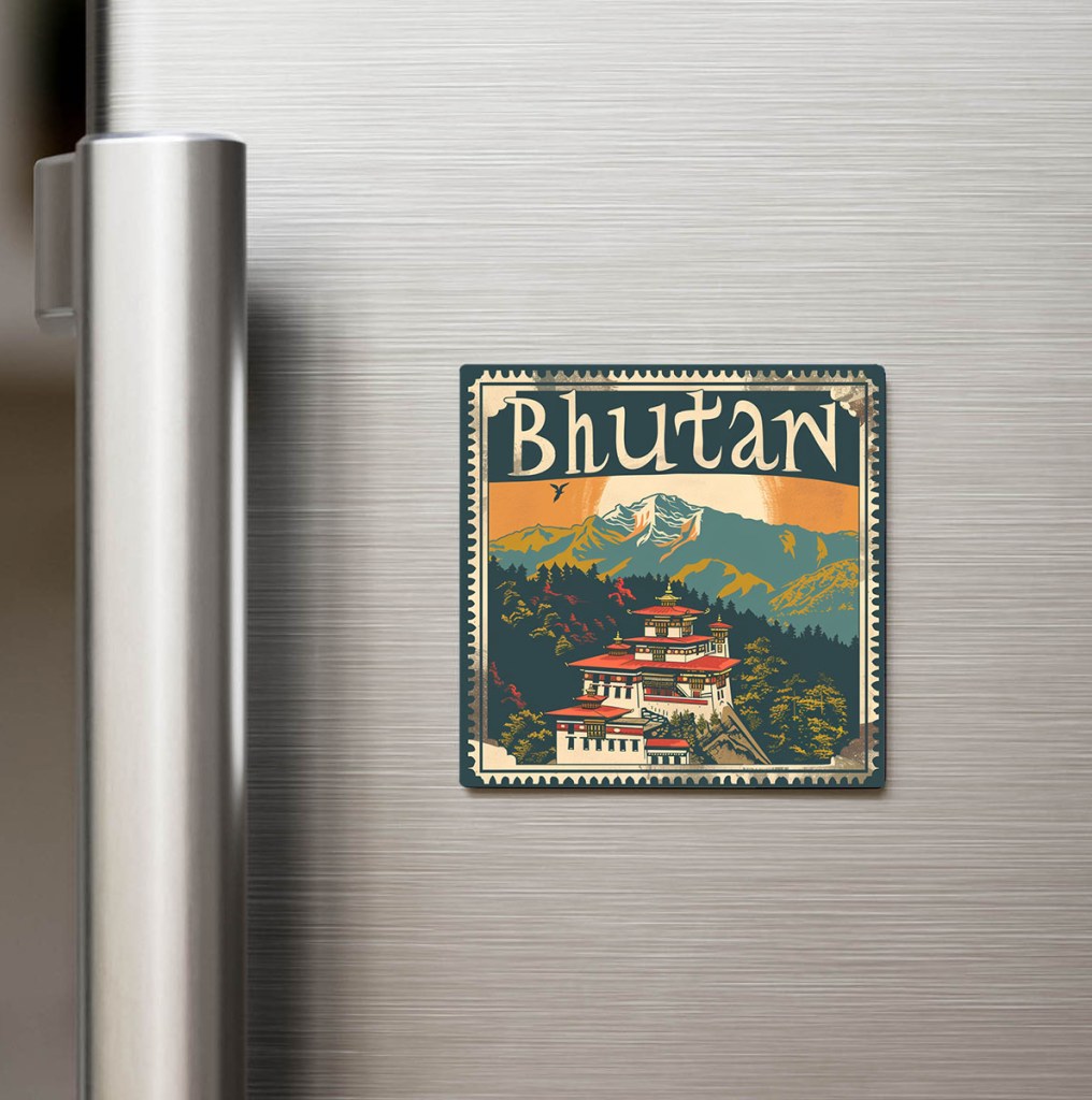 Butan Bhutan - Posta Pulu Temalı Ülke - Baskılı Buzdolap Magneti Kare