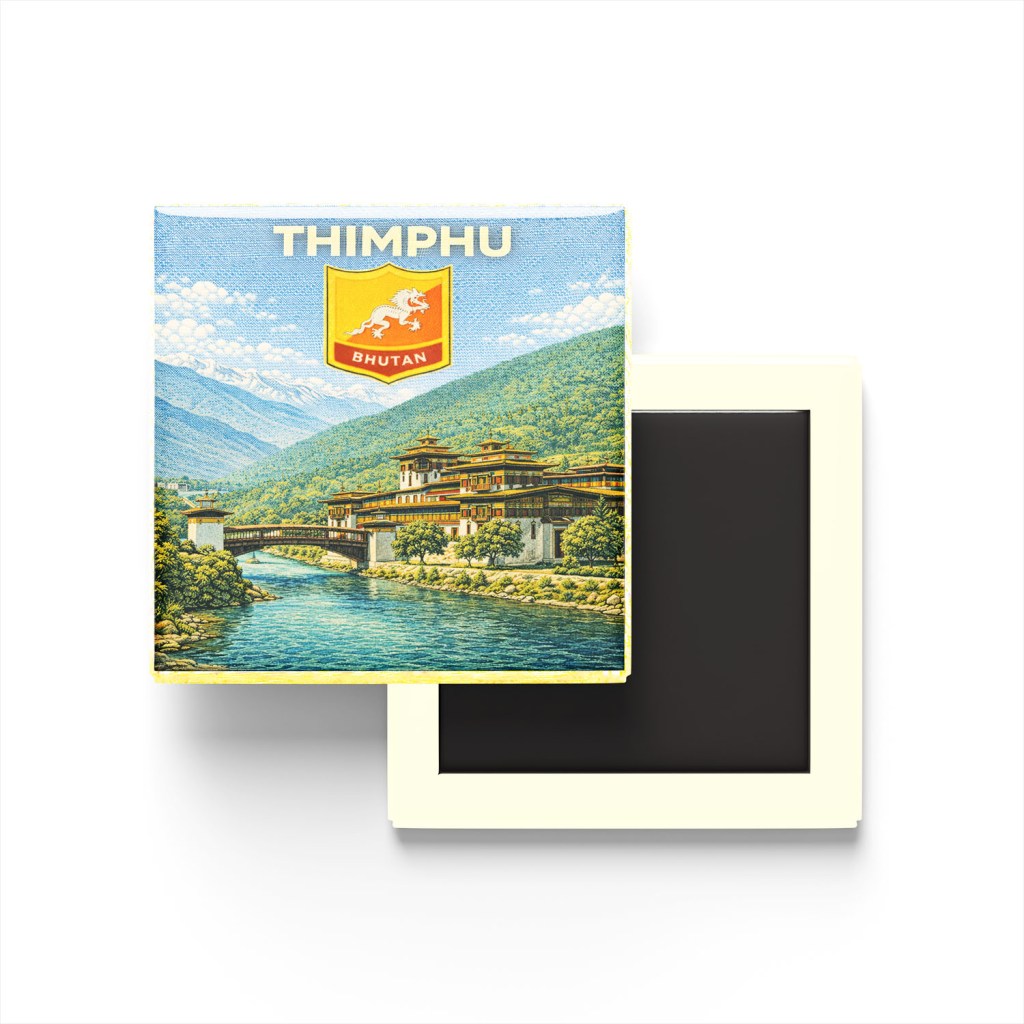 Retro Butan Thimphu Şehri Temalı Vintage Buzdolap Magneti