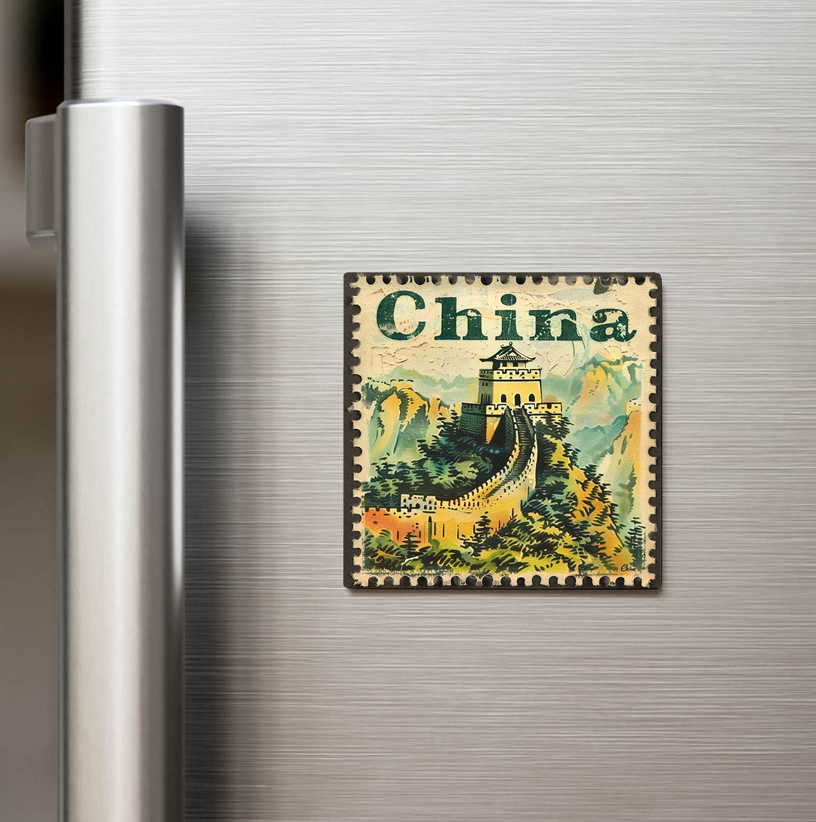 Çin China - Posta Pulu Temalı Ülke - Baskılı Buzdolap Magneti Kare