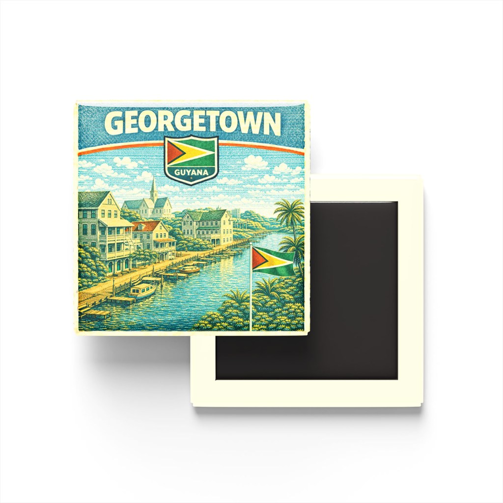Retro Guyana Georgetown Şehri Temalı Vintage Buzdolap Magneti