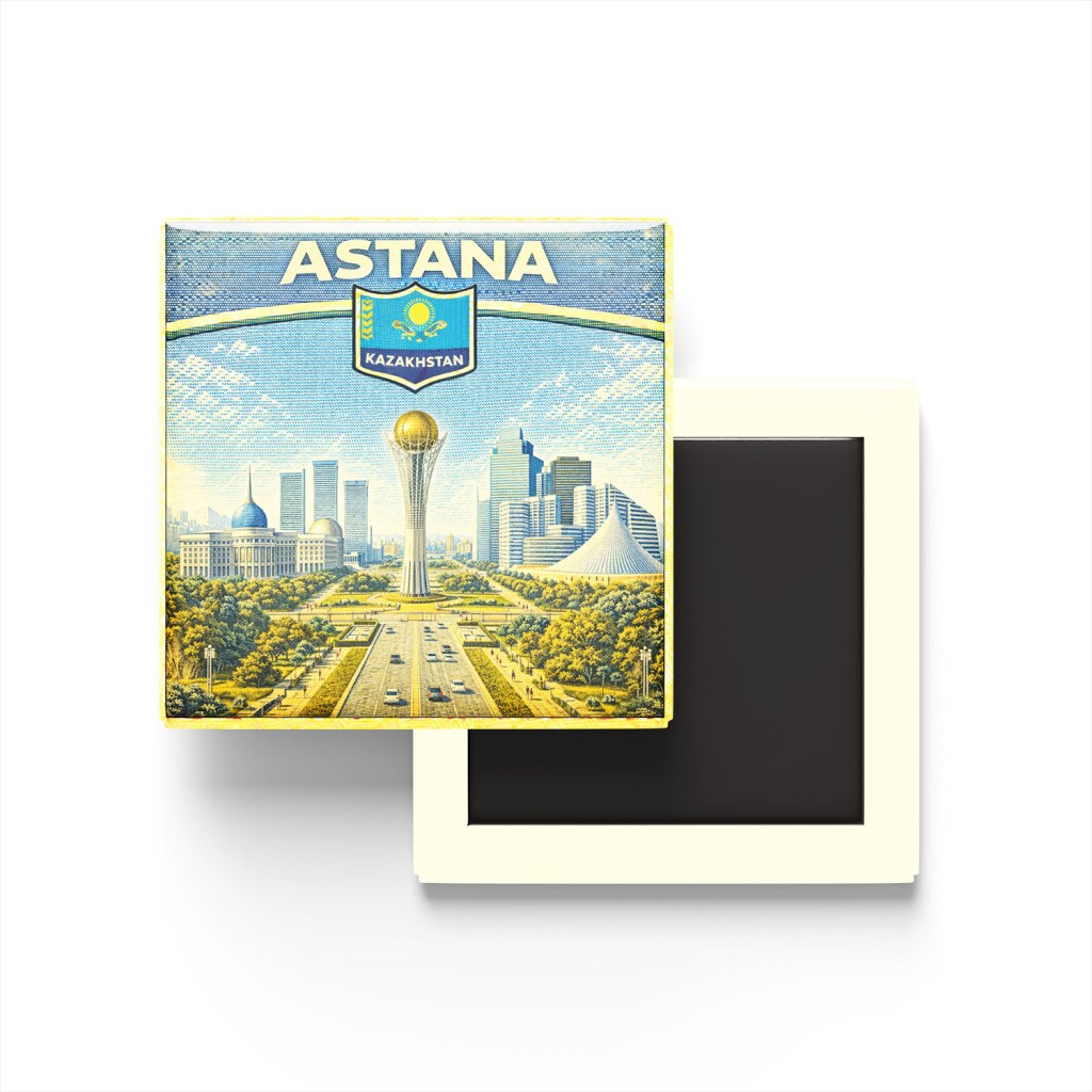 Retro Kazakistan Astana Şehri Temalı Vintage Buzdolap Magneti