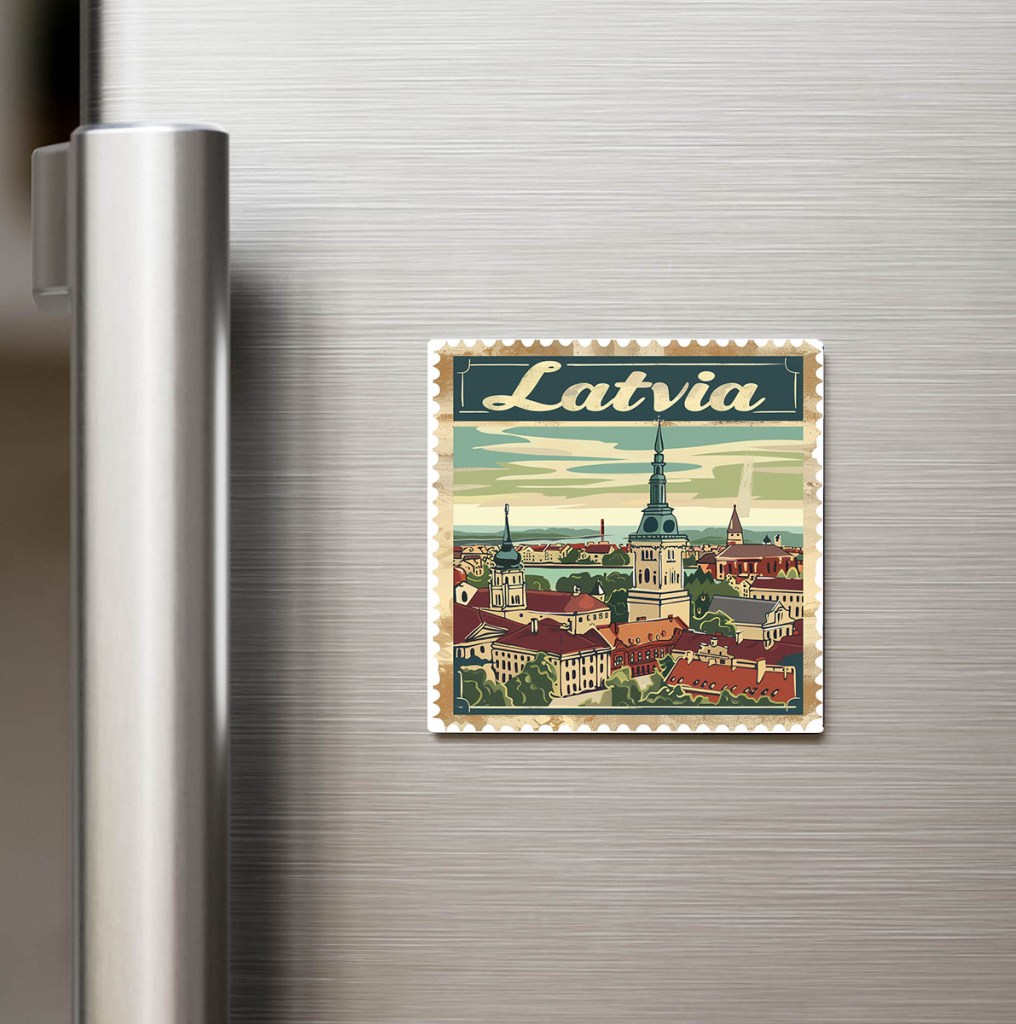 Letonya Latvia - Posta Pulu Temalı Ülke - Baskılı Buzdolap Magneti Kare