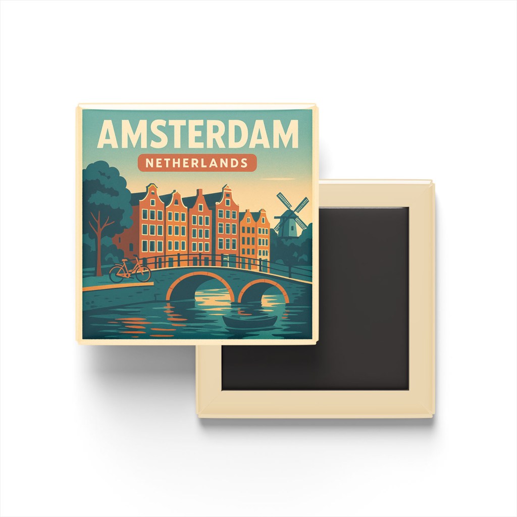 Amsterdam Hollanda - Kanallar - Buzdolap Magneti Baskılı Kare