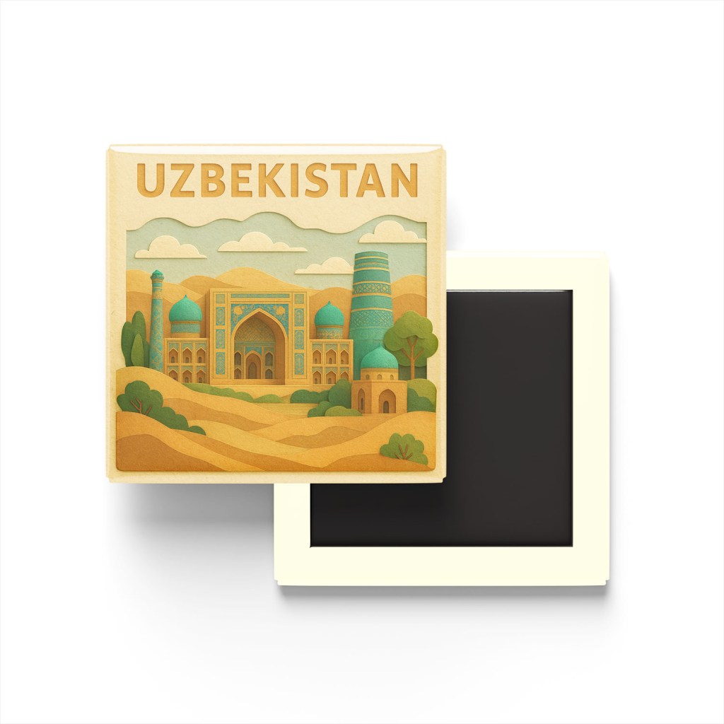 Özbekistan - Uzbekistan - Paper Cut Art - Baskılı Buzdolap Magneti Kare