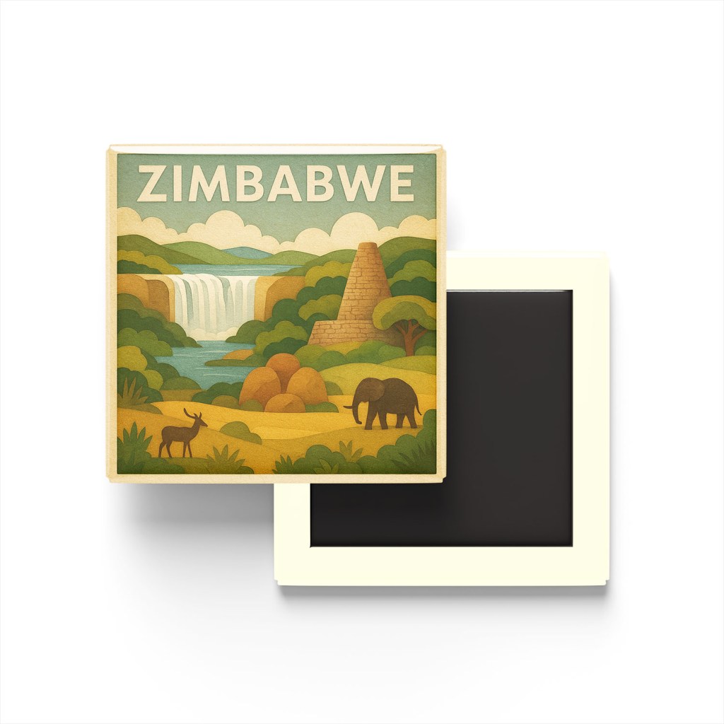 Zimbabve - Zimbabwe - Paper Cut Art - Baskılı Buzdolap Magneti Kare